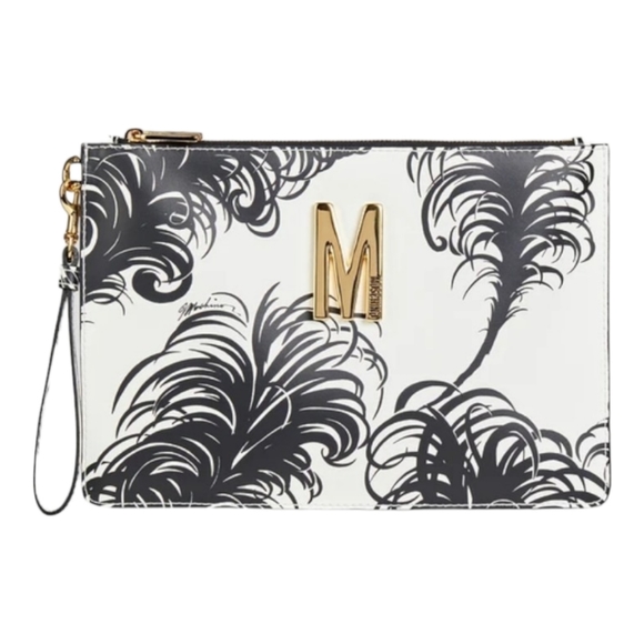 Moschino Handbags - Moschino Feather Printed Leather Wristlet, Black | White, NWT